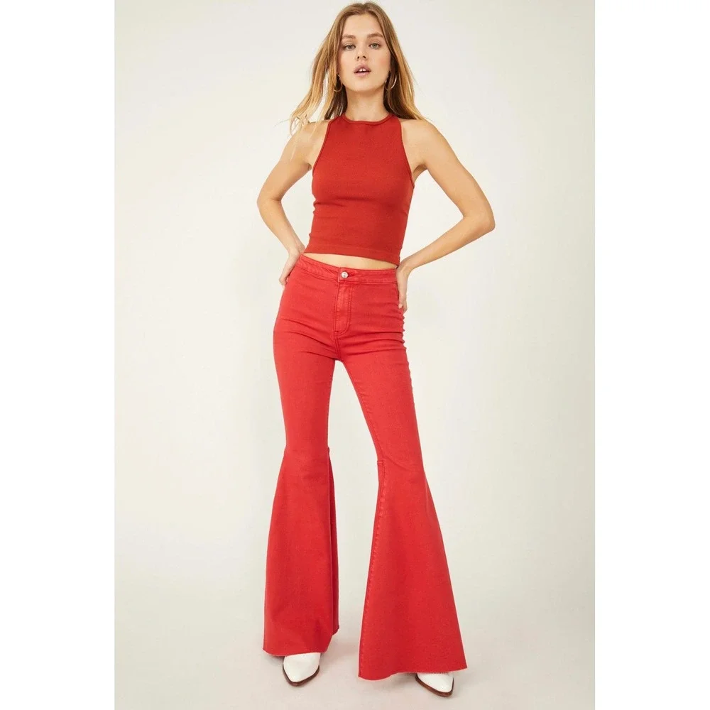Free People We The Free Float On Flare Jeans Sultry Red High Rise Bell Bottom 28